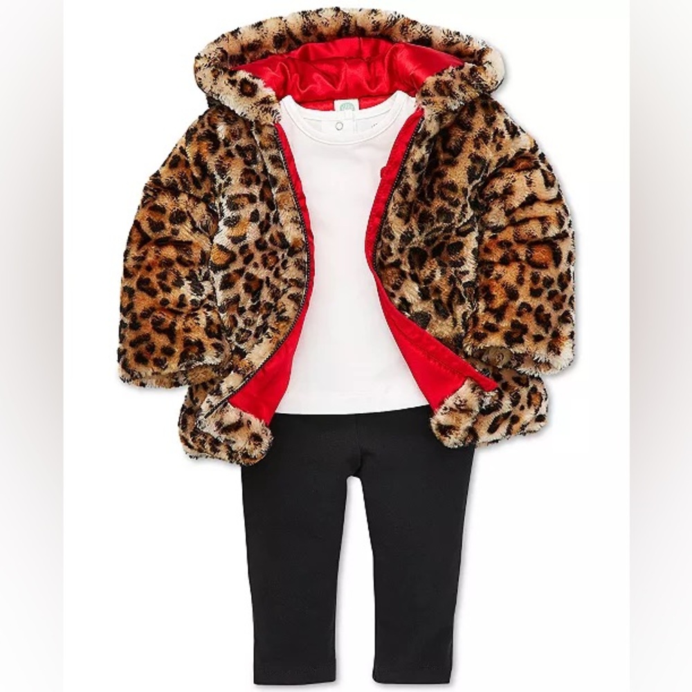NWOT Little Me Baby Girls 3-Pc. Leopard-Print Faux-Fur Jacket Heart Top pant set